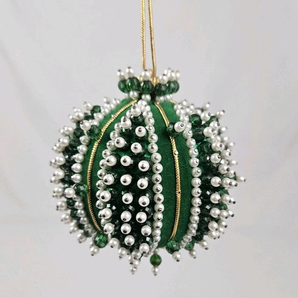 Vintage Satin Velvet Beaded Sequin Push Pin Christmas Tree Ornament Green